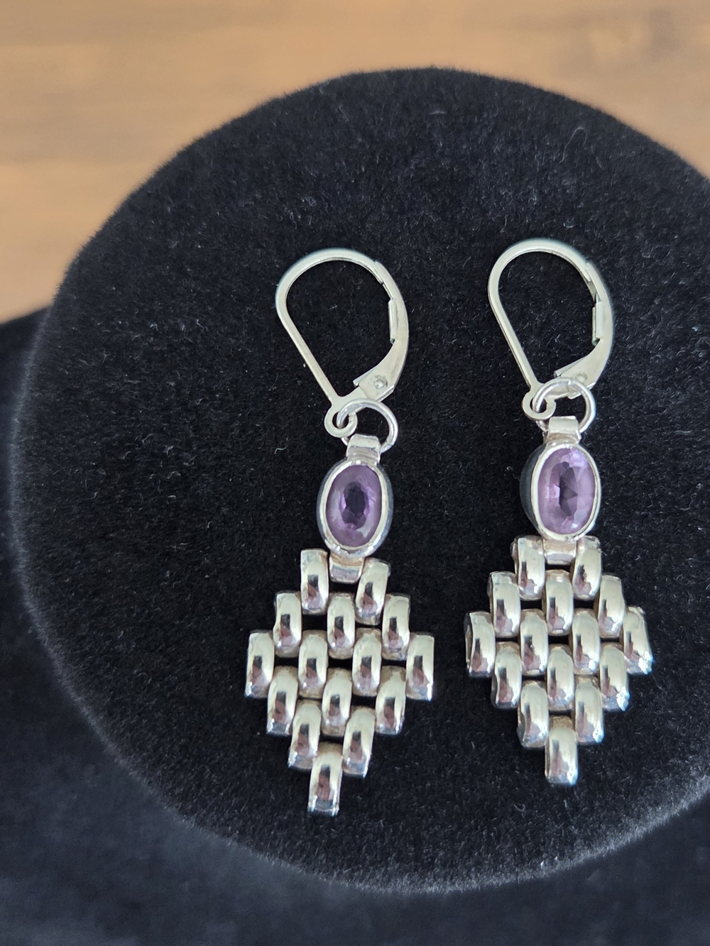 Vintage 925 Sterling Panther Link And Amethyst Earrings